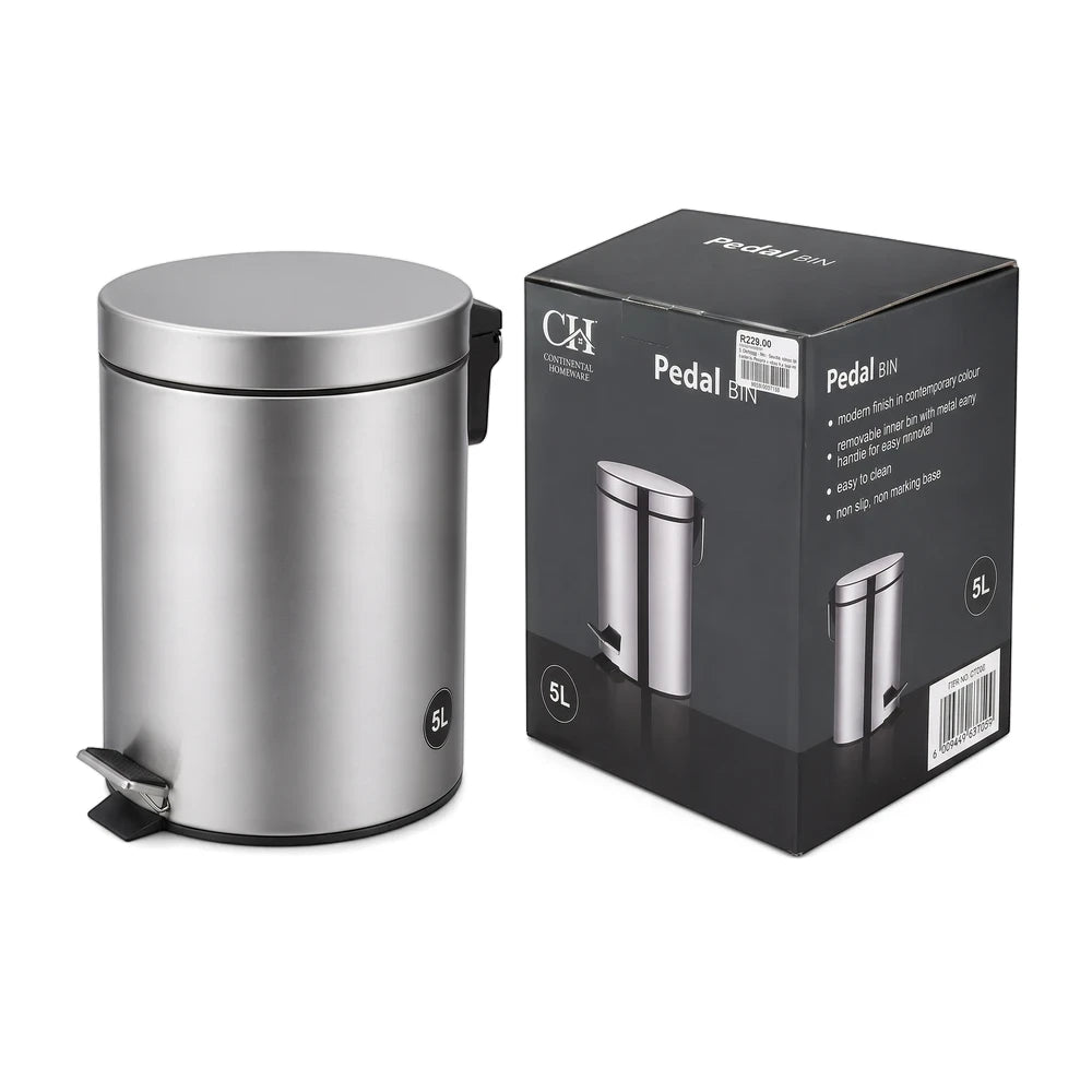Premium Stainless Steel 5L Step Pedal Bin with its packaging box, featuring a modern brushed finish and foot pedal.