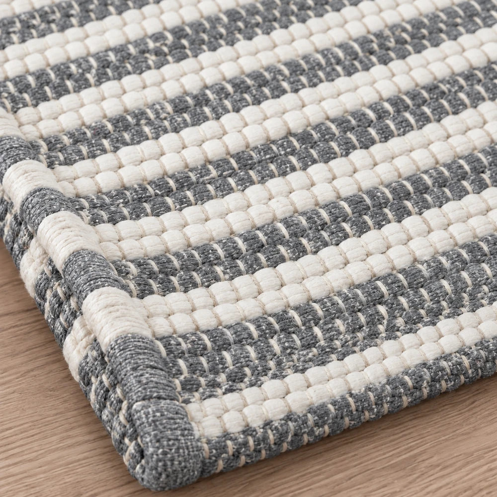Premium Stripe Chindi Rug 50 x 80cm in gray and cream, woven textured rug ideal for living room or bedroom spaces.
