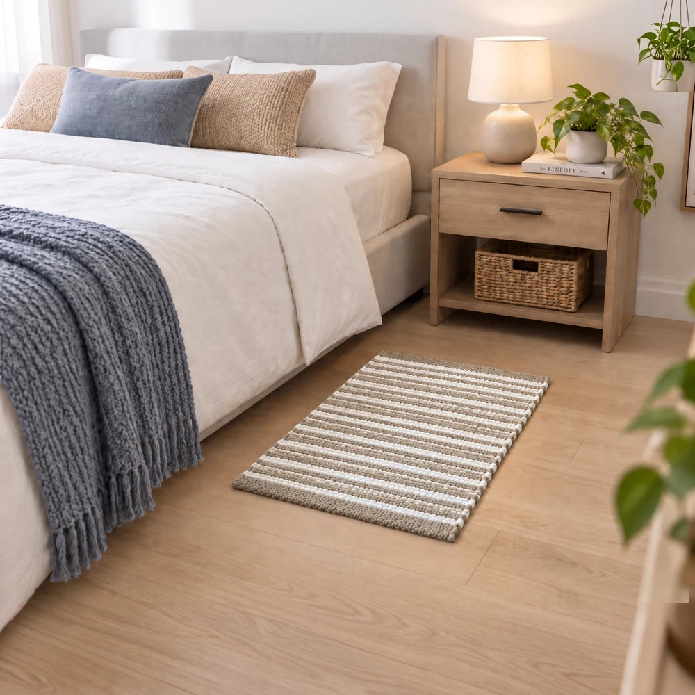 Premium Stripe Chindi Rug 50 x 80cm in beige and white stripes, soft textured bedroom floor mat