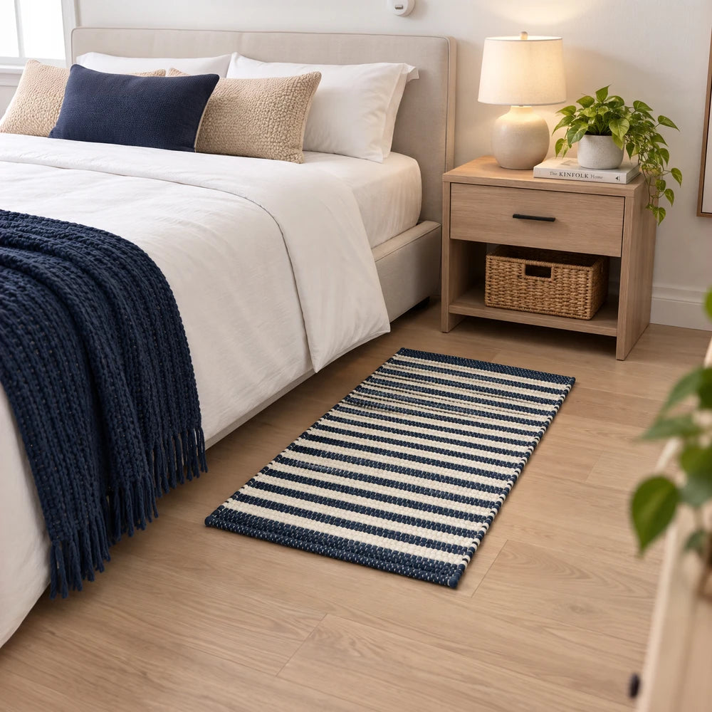 Premium Stripe Chindi Rug in navy and white, 50 x 80cm, soft woven texture for bedside or living-room accents