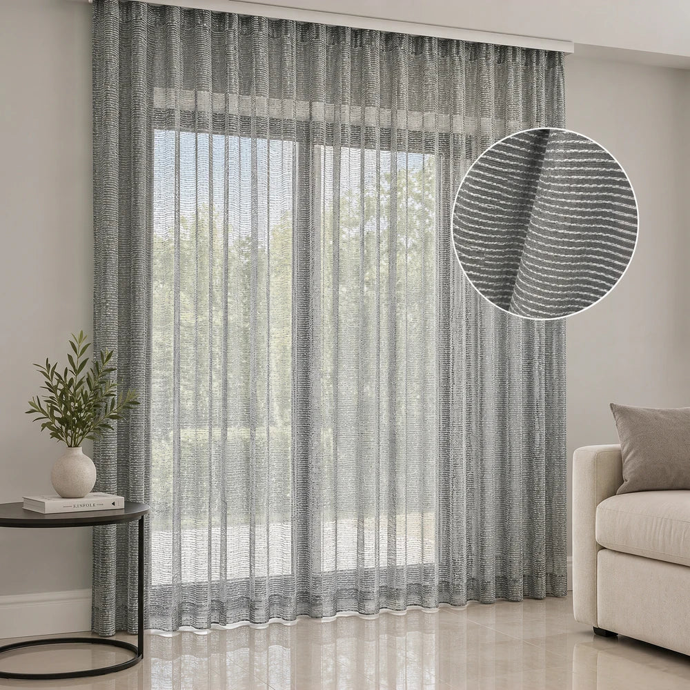 Premium Textured Semi-Sheer Unlined Taped Curtain in gray with a subtle ribbed texture and light-filtering fabric.