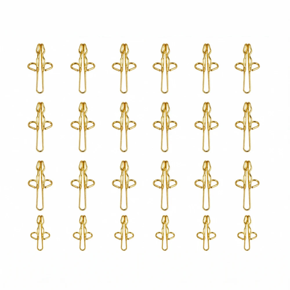 R7 Curtain Hooks in gold finish, metal drapery clips designed for lightweight curtains and window treatments.