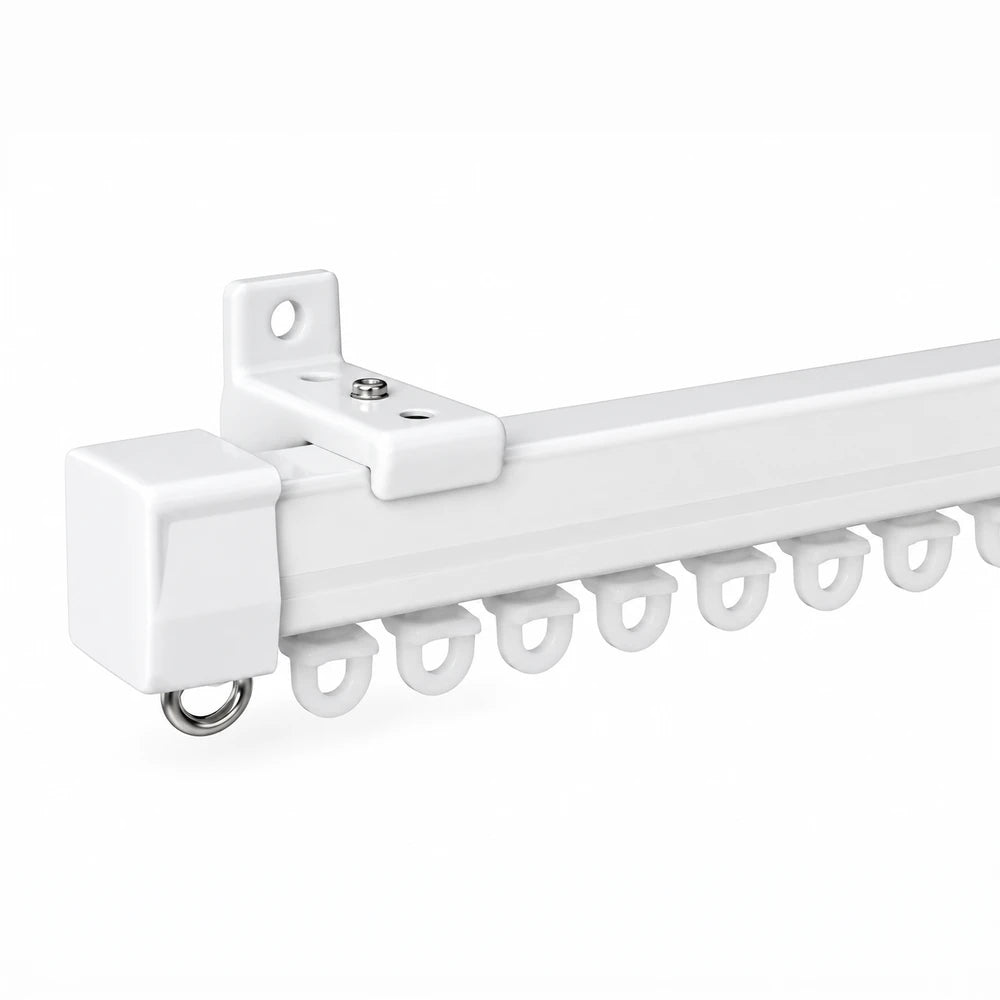 Racer Track End Caps with mounting bracket on a white track rail and multiple looped hanger hooks for a modular track system.