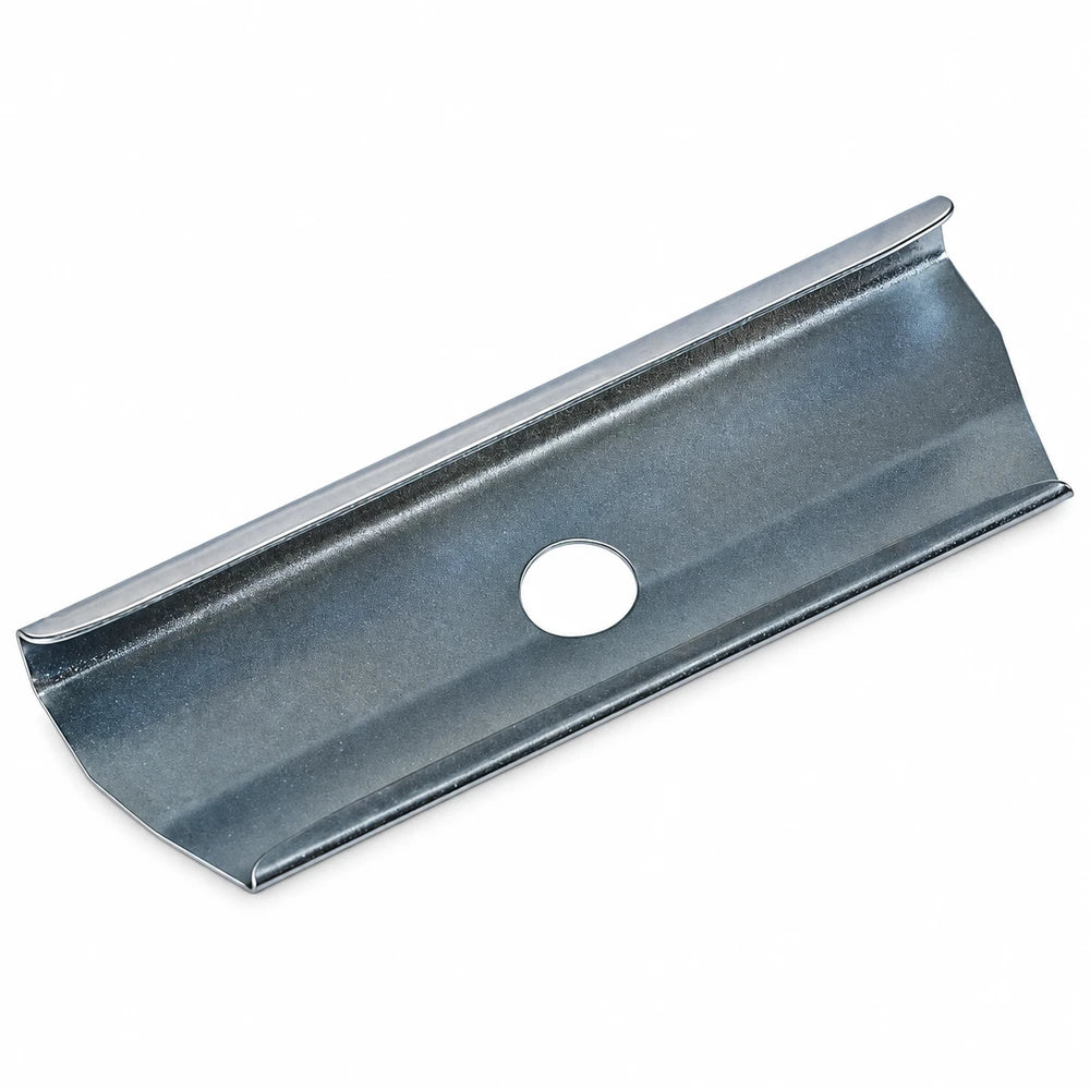 Racer Track Rail Joiner in galvanized steel with a circular mounting hole for seamless track connections and quick, secure