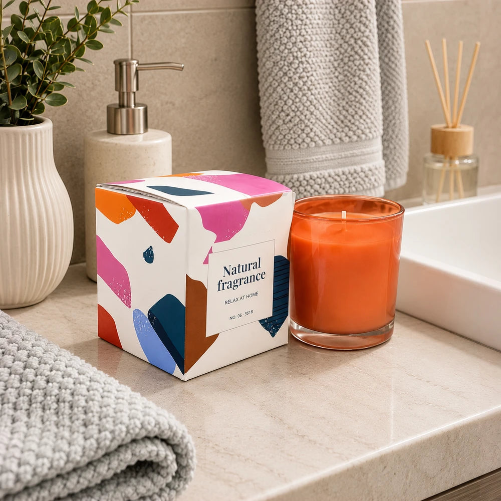 Scented candle in an orange glass jar with a colorful box labeled Natural fragrance 320g, placed on a bathroom counter.