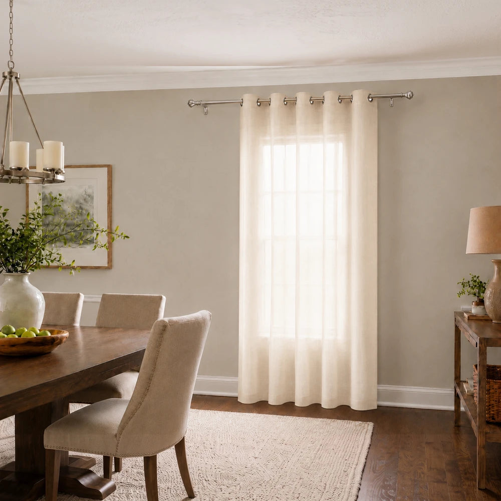 Sheer voile ready-to-hang eyelet curtain in ivory, lightweight fabric, 140 x 225 cm.
