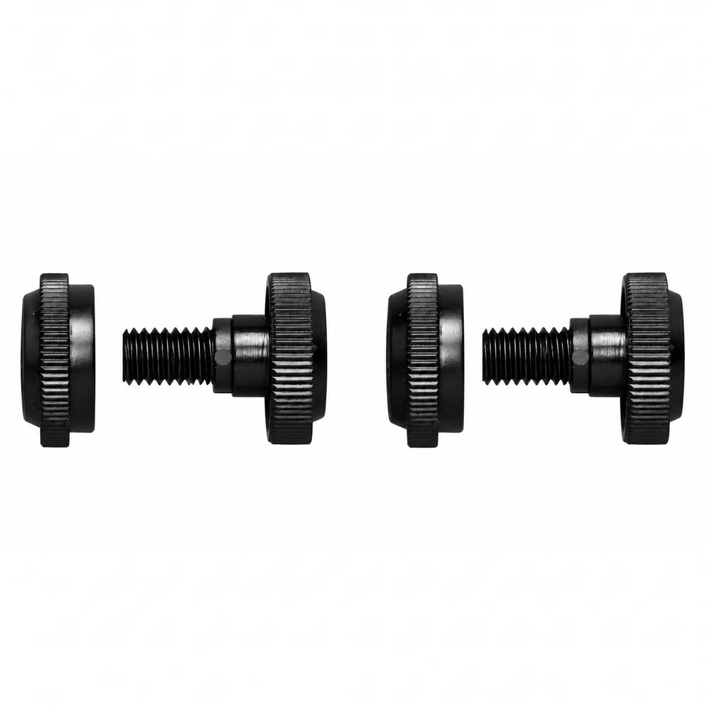 Simplifit black knurled bolts with threaded shafts, a pair of adjustable knobs for equipment mounting