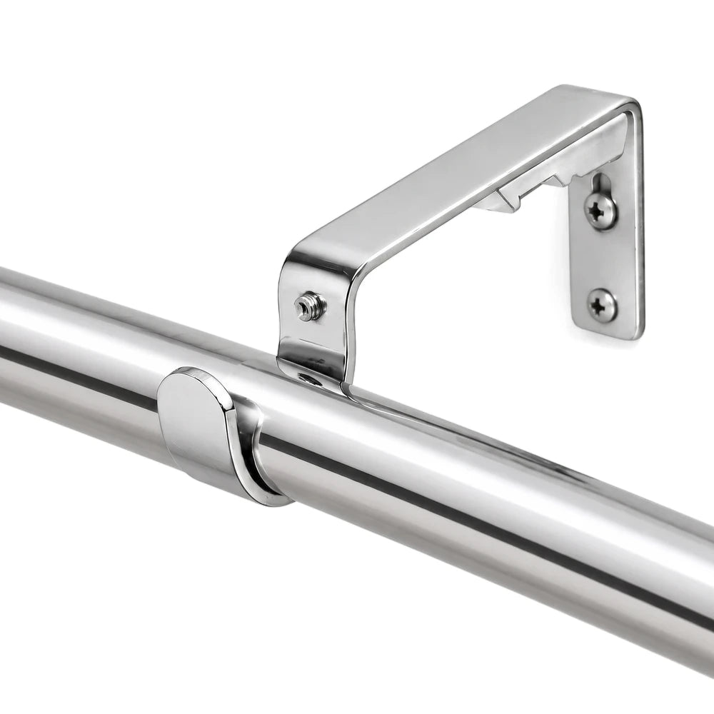 Close-up of a chrome single rod metal bracket, 25mm, securely wall-mounted, showcasing its polished finish.