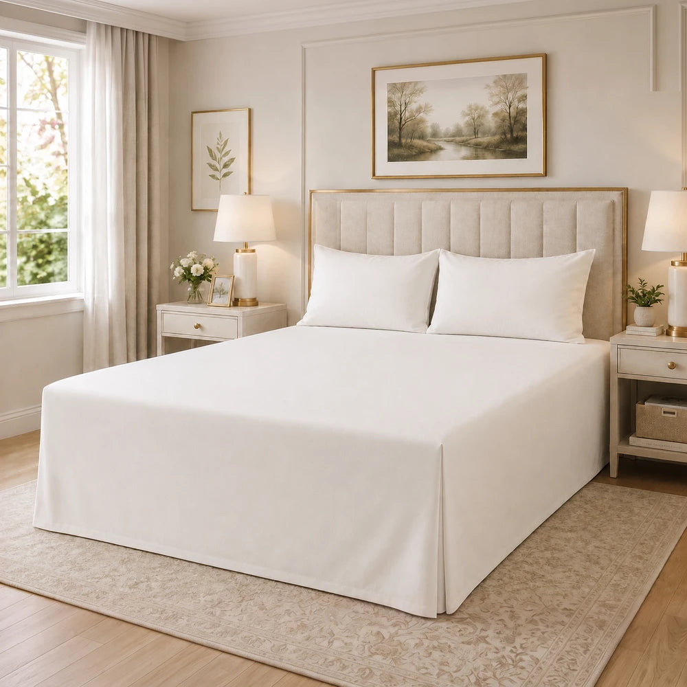 Tela Milano Easy Fit Combo white bedding set on a padded, beige-toned bed with matching nightstands and pillows.