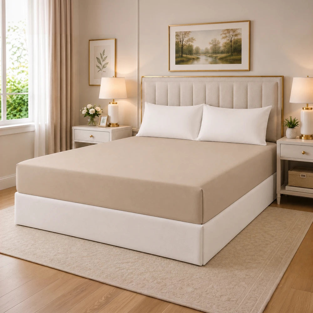 Tela Milano Microfibre fitted sheet in soft beige on a neatly made bed with white pillows.
