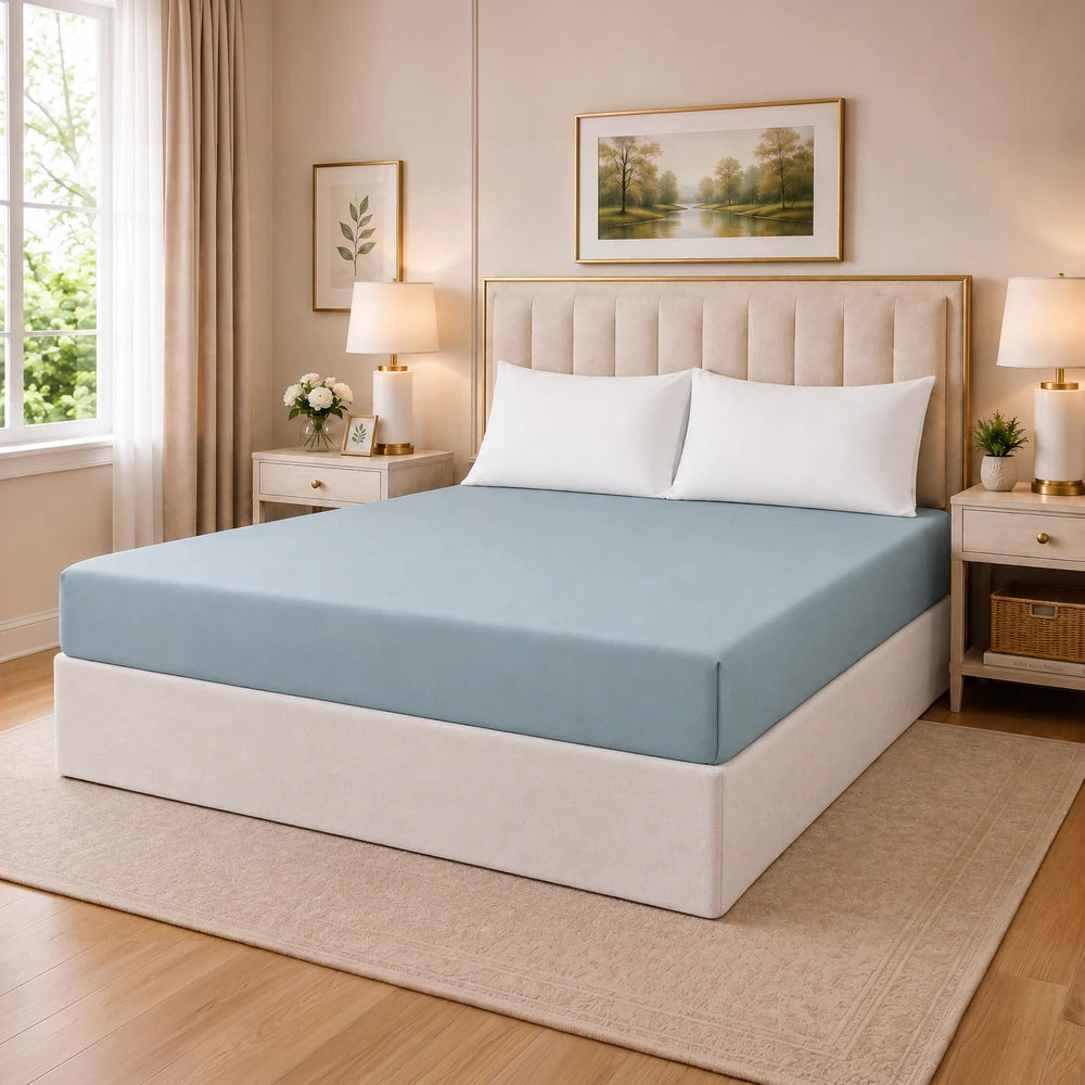 Tela Milano Microfibre Fitted Sheet in light blue on a neatly made bed with white pillows in a calm bedroom.