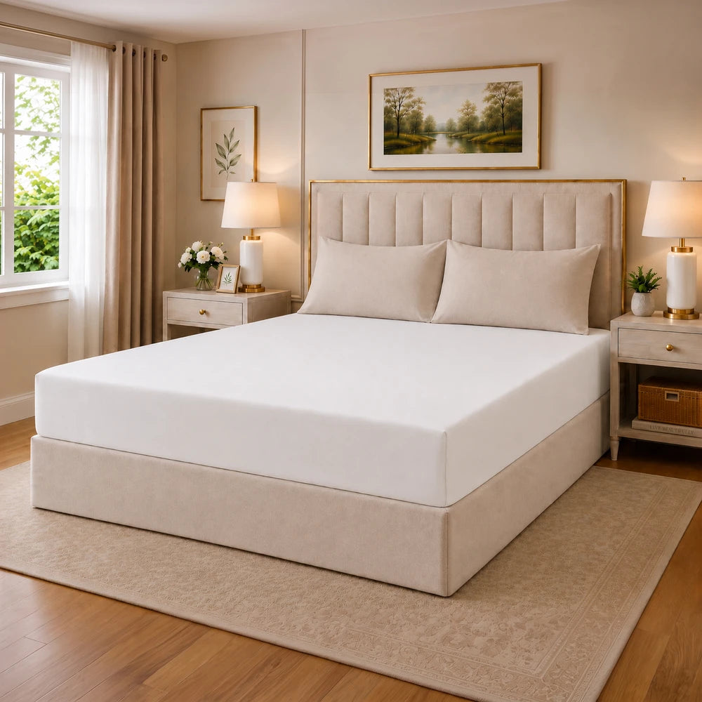 Tela Milano Microfibre Fitted Sheet in white on a beige upholstered bed with matching pillows.