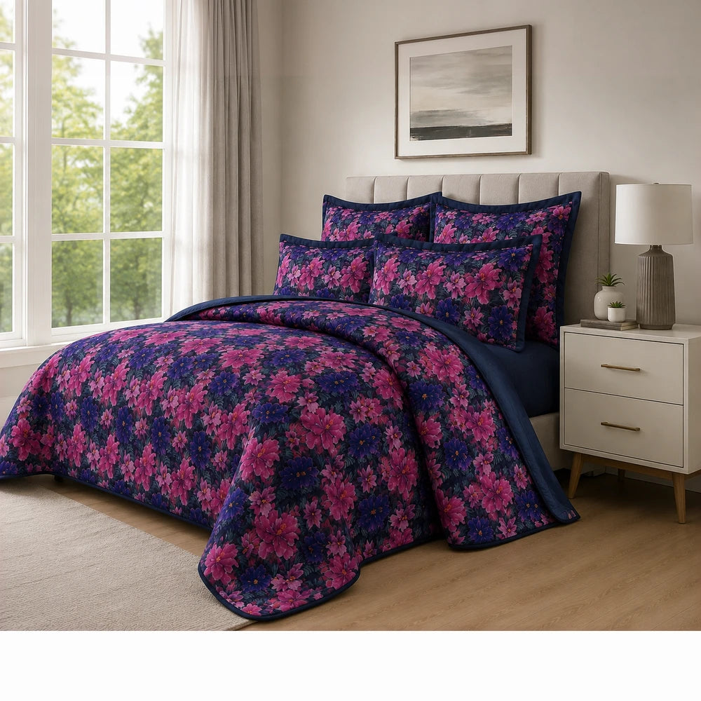 5PC Tela Milano Printed Quilt Set with navy background and pink-purple floral pattern, includes quilt and shams.