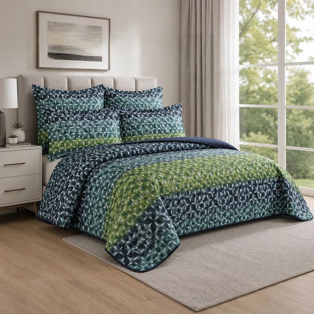 5PC Tela Milano Printed Quilt Set in teal and green with a geometric pattern and coordinating pillow shams for a cohesive