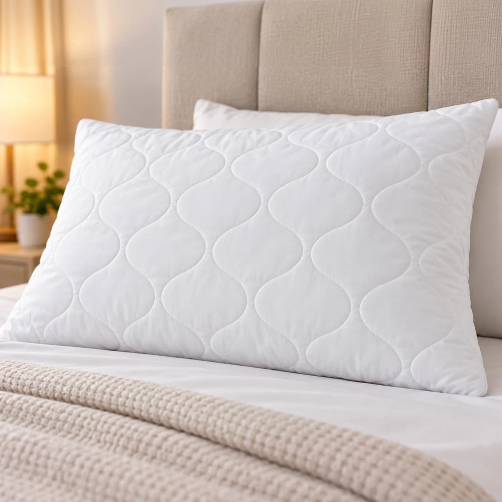 Tela Milano Quilted Pillow Protector in white with a wave quilt pattern for comfortable, breathable pillow protection.