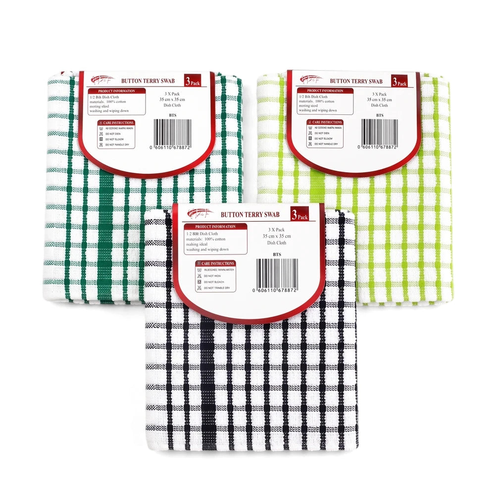 Three 3-pack Button Terry Swab dish cloths in green, lime green, and black plaid, folded and packaged, for kitchen cleaning.