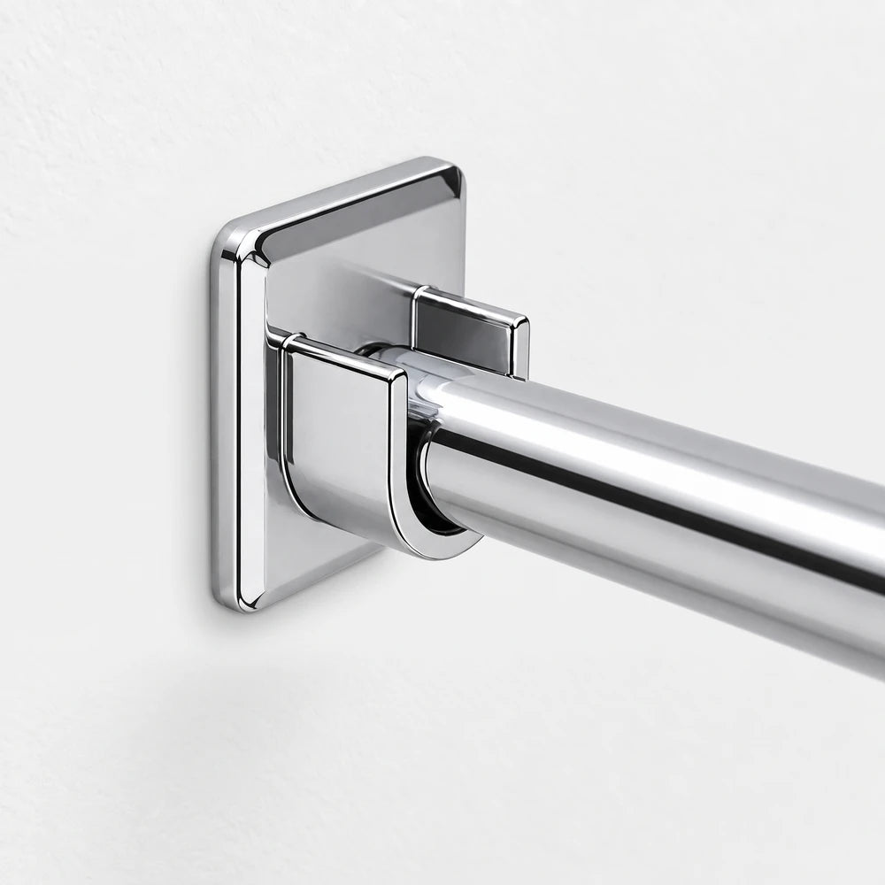 Close-up of a chrome U-Inside Pole Bracket with a square base, securely wall-mounted for a pole.