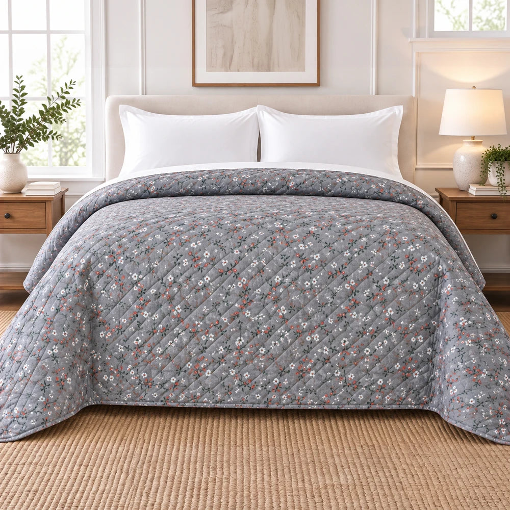 Ultrasonic 1-Piece Printed Quilt in grey with white and orange floral motif, 220 x 200 cm, cozy bed cover for a stylish