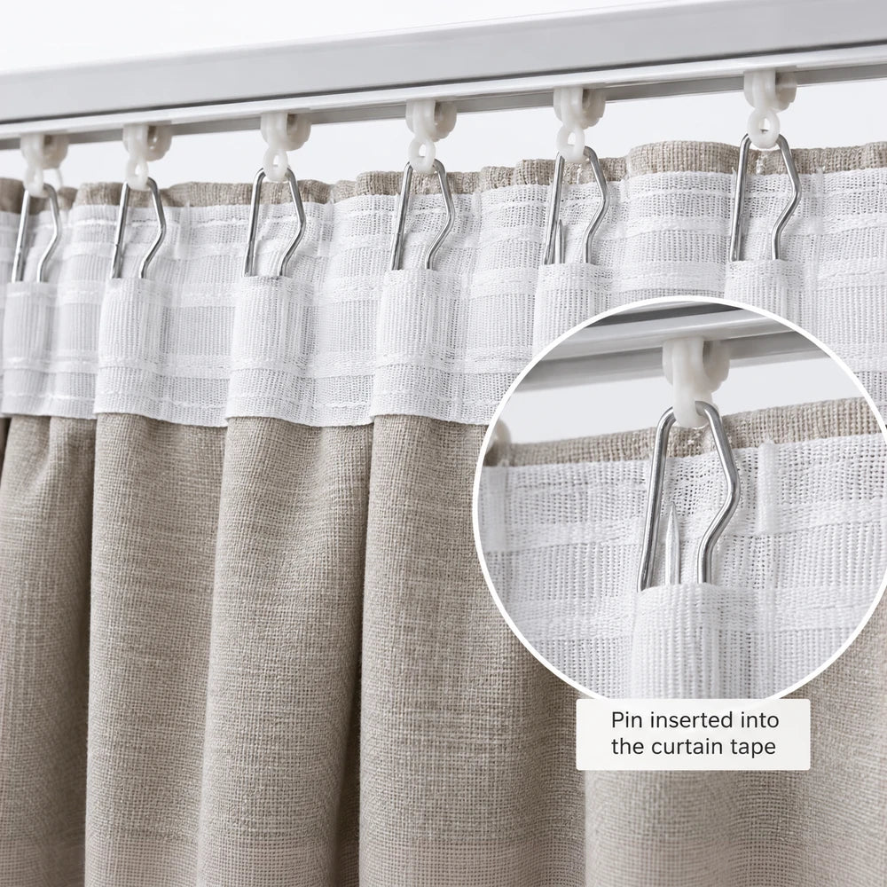 Valence Pin Curtain Hooks shown securing a beige and white textured curtain to a track with metal pins.