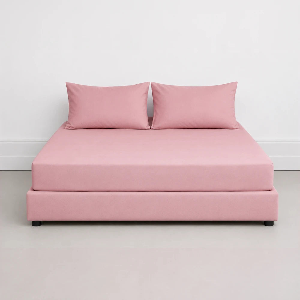 Whisper Soft Microfibre Easybed Combo Set in pink, showcasing a low-profile bed frame with matching duvet and pillows.