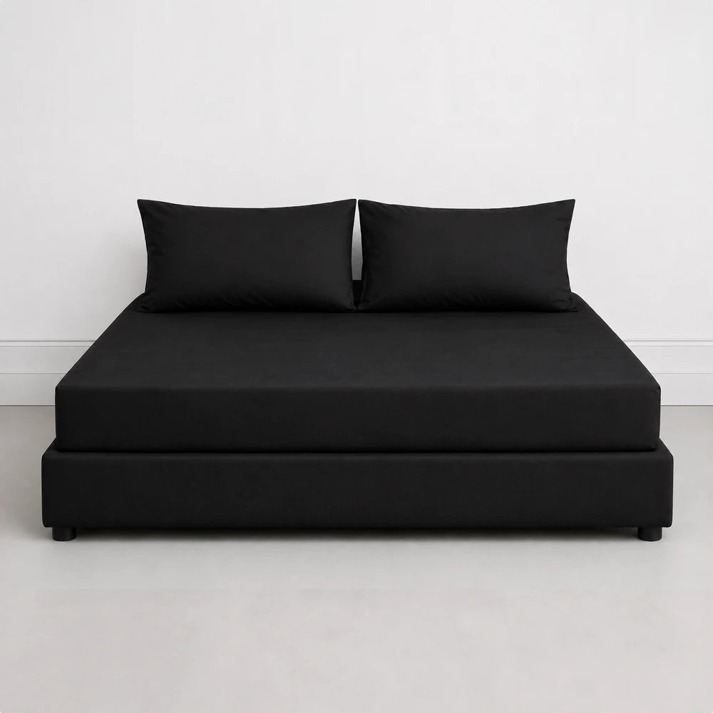 Whisper Soft Microfibre Easybed Combo Set in black showing a platform bed with two matching pillows for a sleek bedroom look.