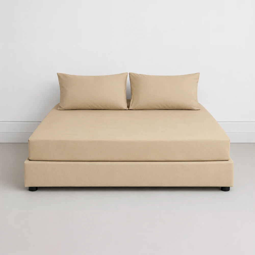 Whisper Soft microfibre Easybed combo set on beige bed with two matching pillows, soft texture and neutral color.