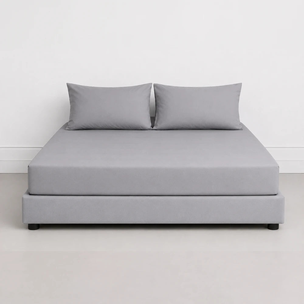 Whisper Soft Microfibre Easybed Combo Set in grey, full-size bed with matching grey pillows on a clean, modern frame.