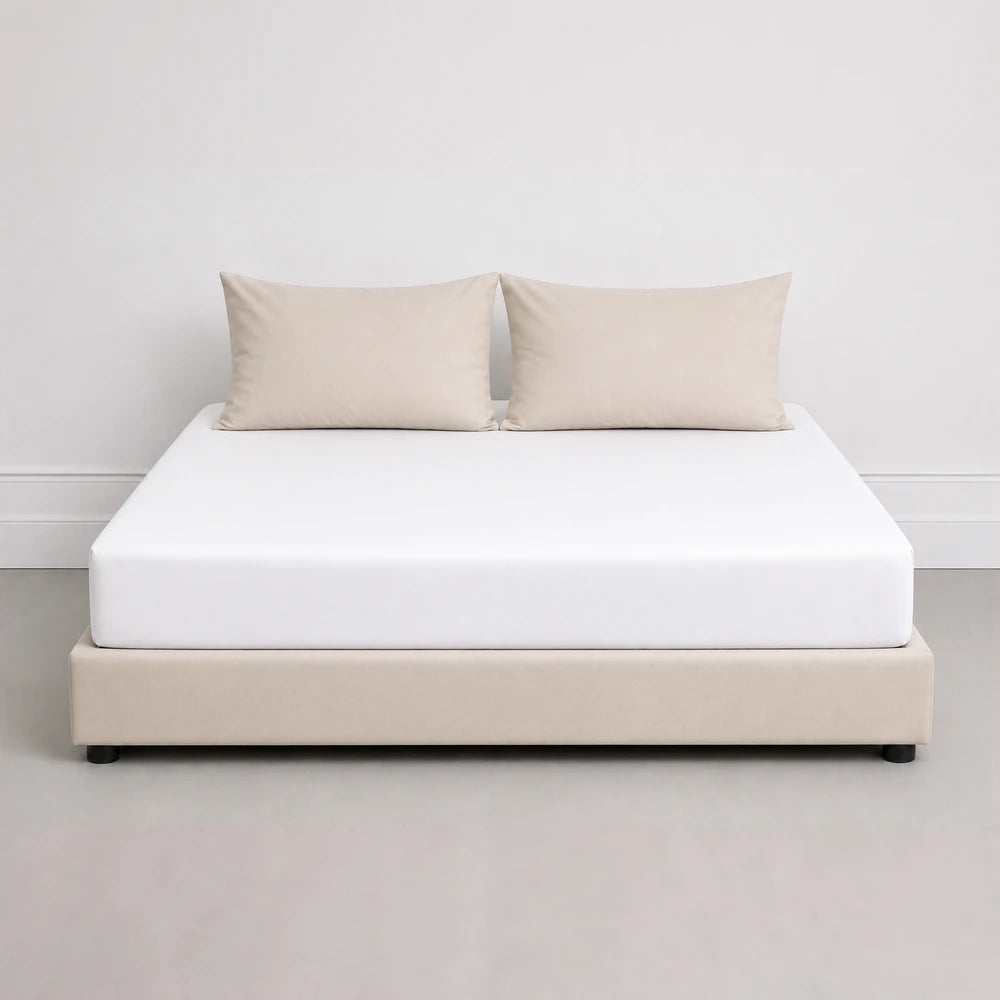 Whisper Soft Microfibre Fitted Sheet in white with a snug elastic fit for a queen bed, smoothing the mattress surface