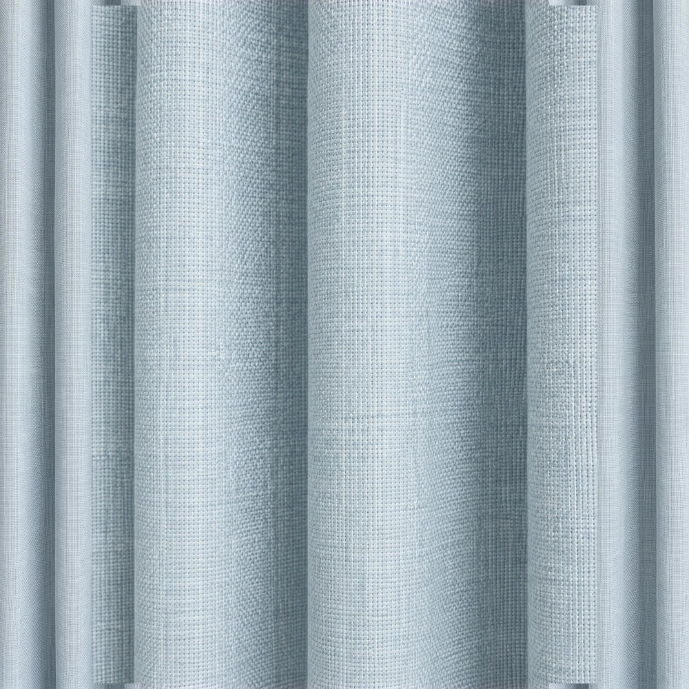Woven Athens textured eyelet curtain in soft blue fabric, with close-up view of the woven texture and fabric folds.