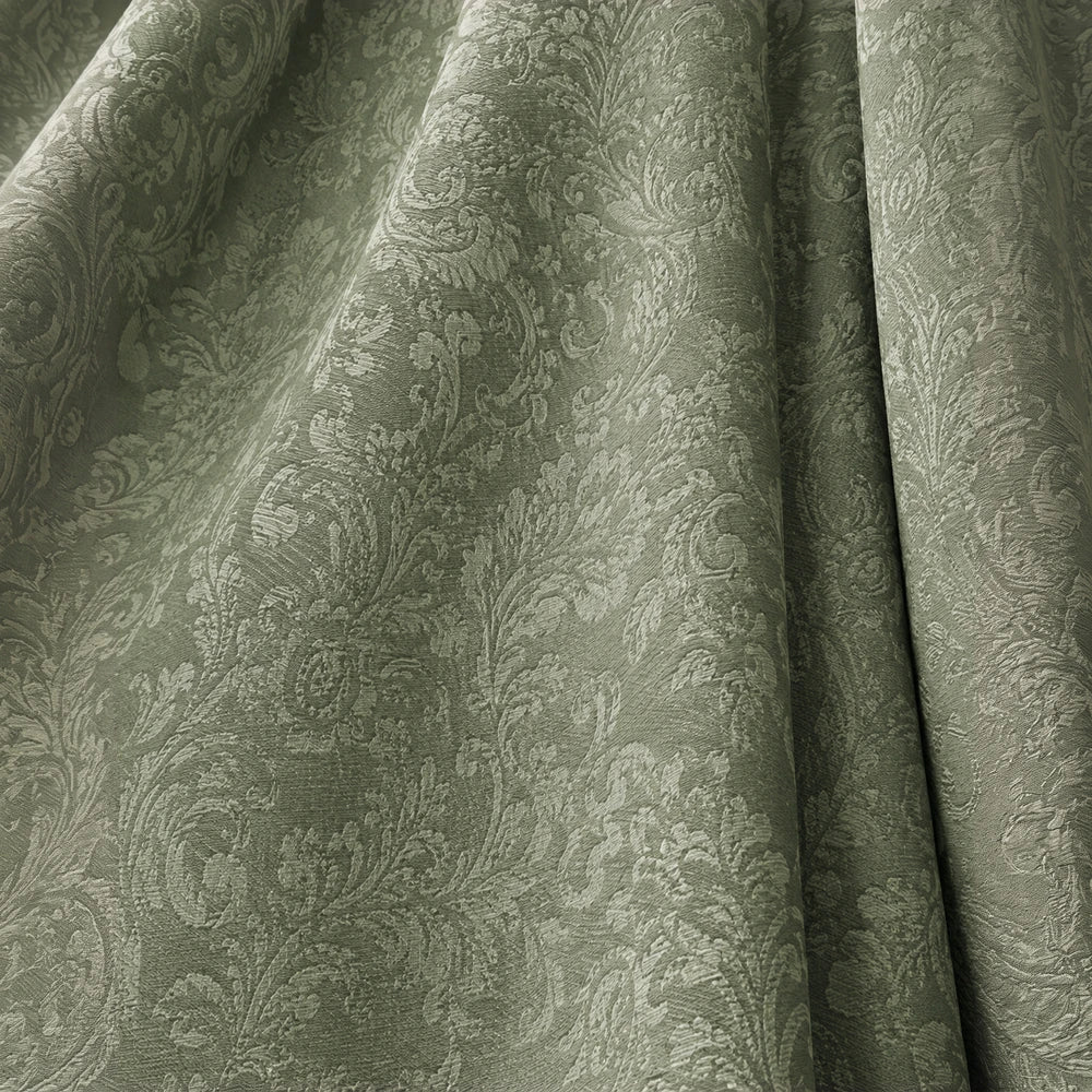 Woven Jacquard Lined Taped Curtain in sage green with an ornate damask pattern and subtle texture.