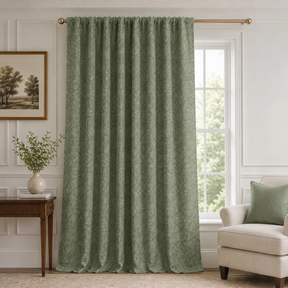 Woven Jacquard Lined Taped Curtain in sage green with a subtle pattern, suitable for privacy and light control.