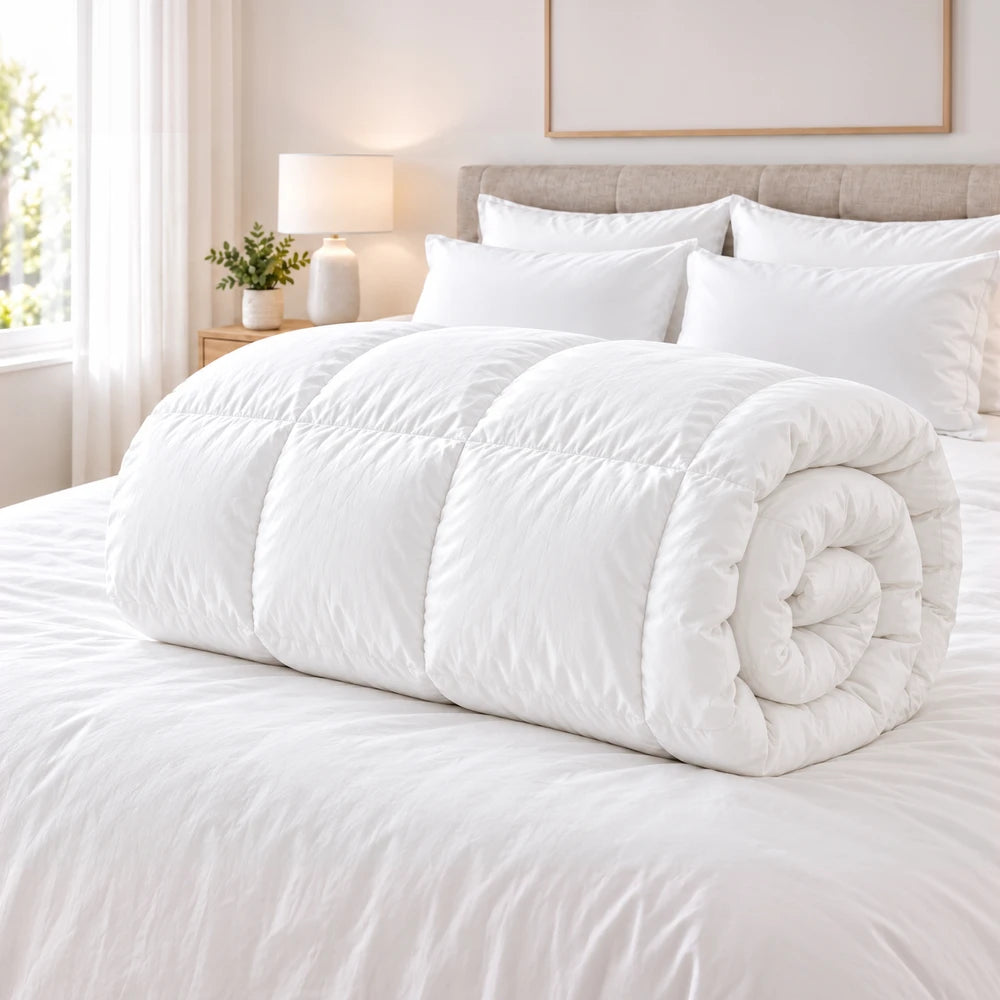100% cotton percale duvet inner insert shown rolled on a white bed with crisp white linens.