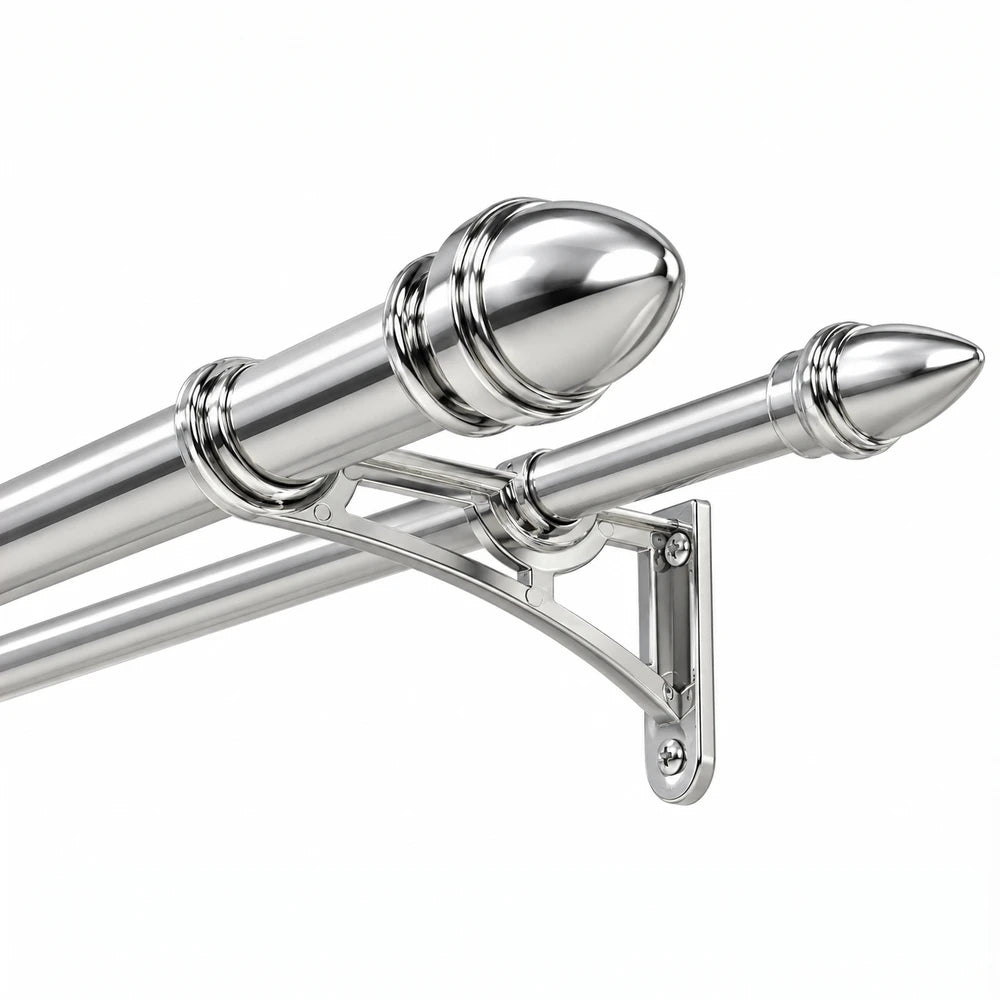 16/25mm flat poly bracket curtain rod with polished chrome finials and wall mount bracket.
