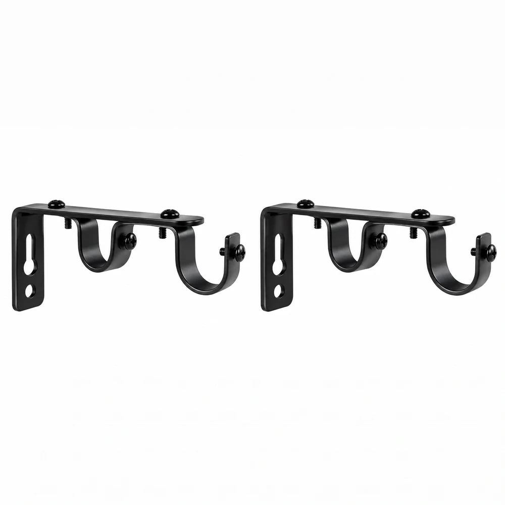 16/25mm metal double bracket in black finish with two curved hooks, wall-mount compatible hardware for pipes or rails.