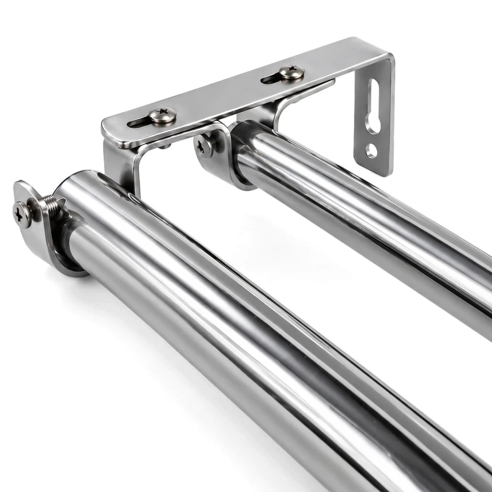 Close-up of a 16/25mm metal double bracket in chrome finish for curtain rods, showing mounting hardware.