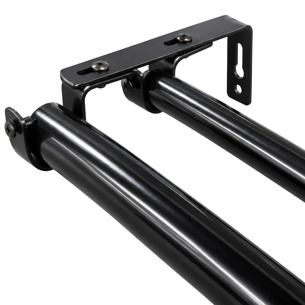 Close-up of a 16/25mm metal double curtain rod bracket in a sleek black finish, showcasing its sturdy design and two