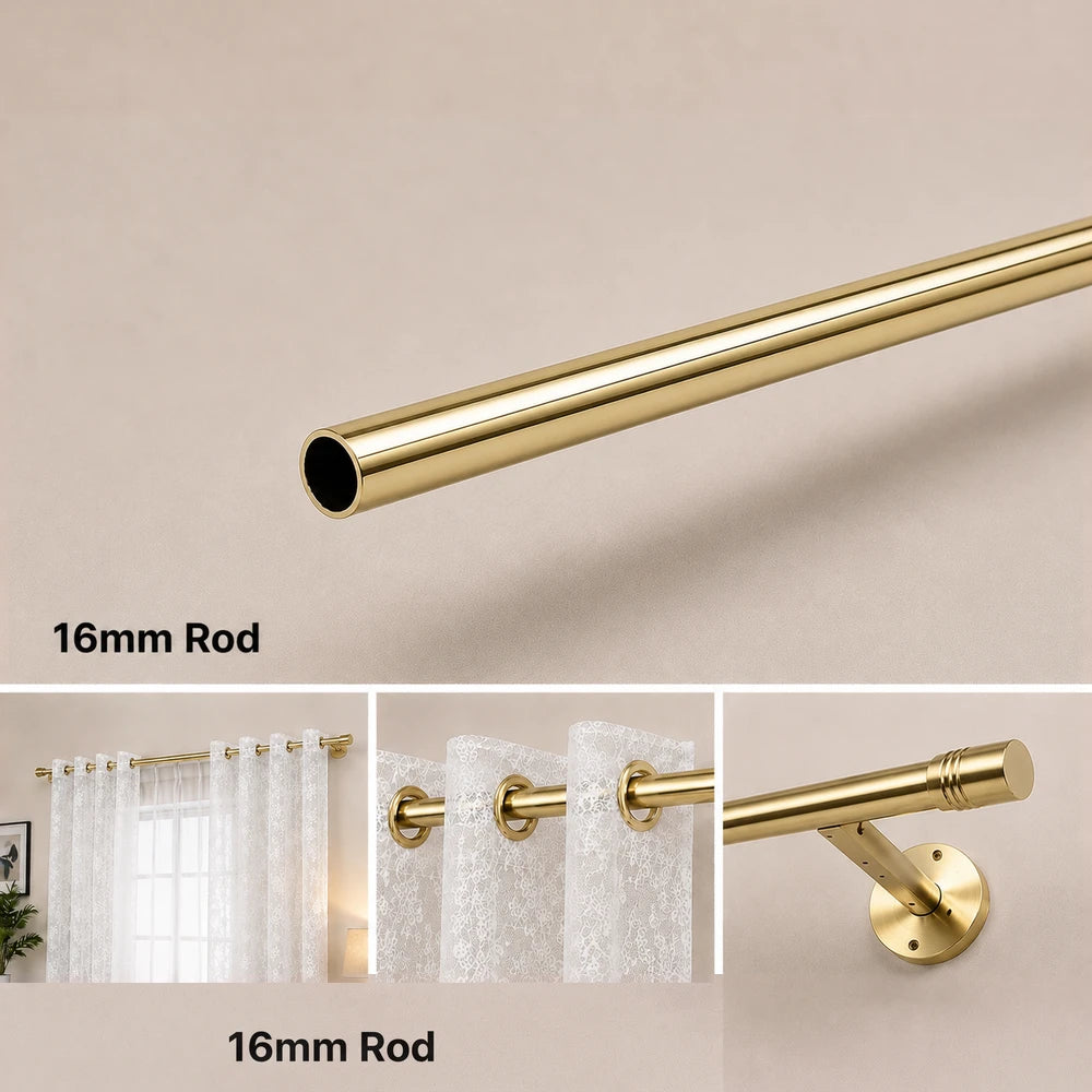 Gold 16mm curtain pole rod shown with wall mount bracket and rings in a clean window treatment setup.