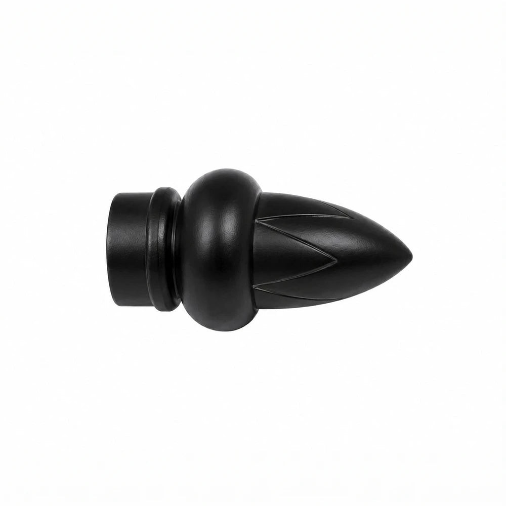 16mm plastic finial acorn pair in black with a smooth finish and etched ridge details.