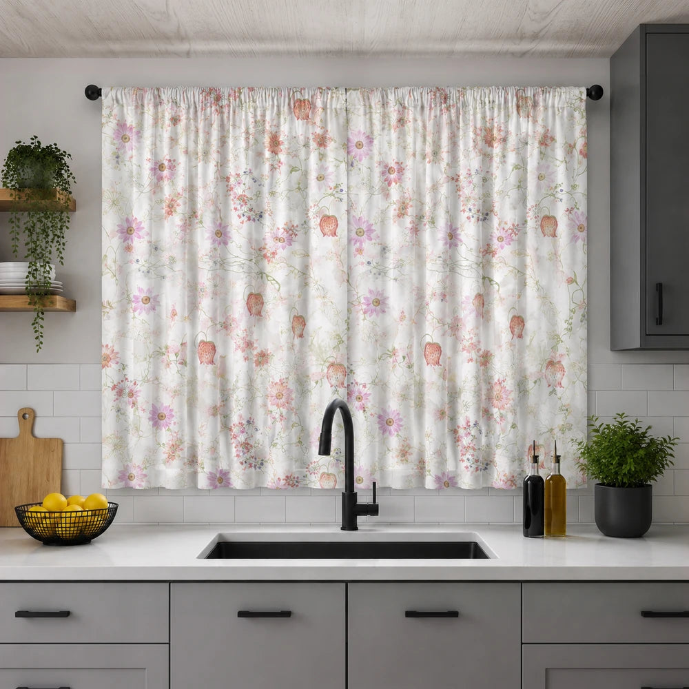 2-Piece Polycafe kitchen curtain set with tiebacks in a white floral pastel print, ideal for bright, airy kitchen windows.