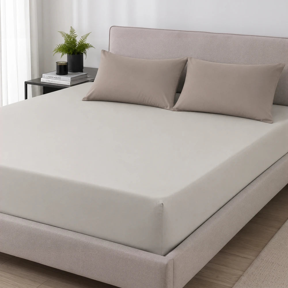 200TC 100% cotton percale fitted sheet in light beige color, smooth and breathable for a snug bed fit.