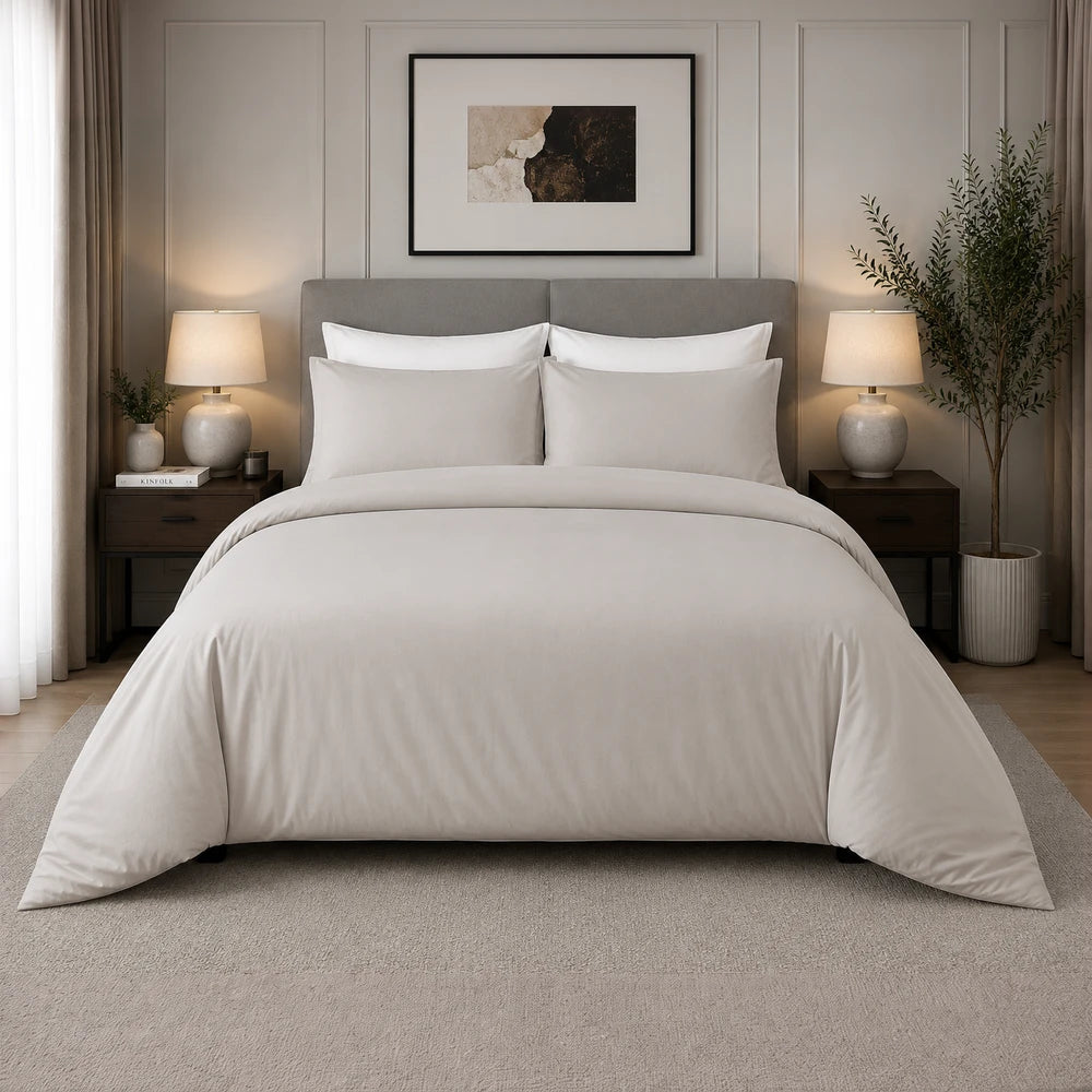 200TC 100% cotton percale plain duvet cover set in light beige with matching pillow shams for a minimalist bedroom