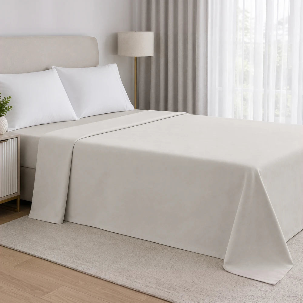 200TC 100% cotton percale flat sheet in ivory beige, smooth breathable bed sheet for a clean, calm sleeping environment.