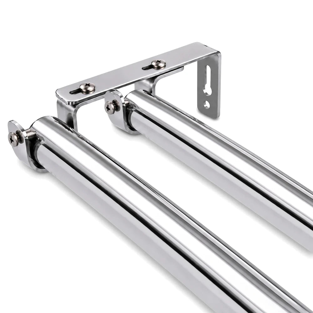 Close-up of a 25mm heavy-duty chrome-plated metal double curtain rod bracket with two rods.