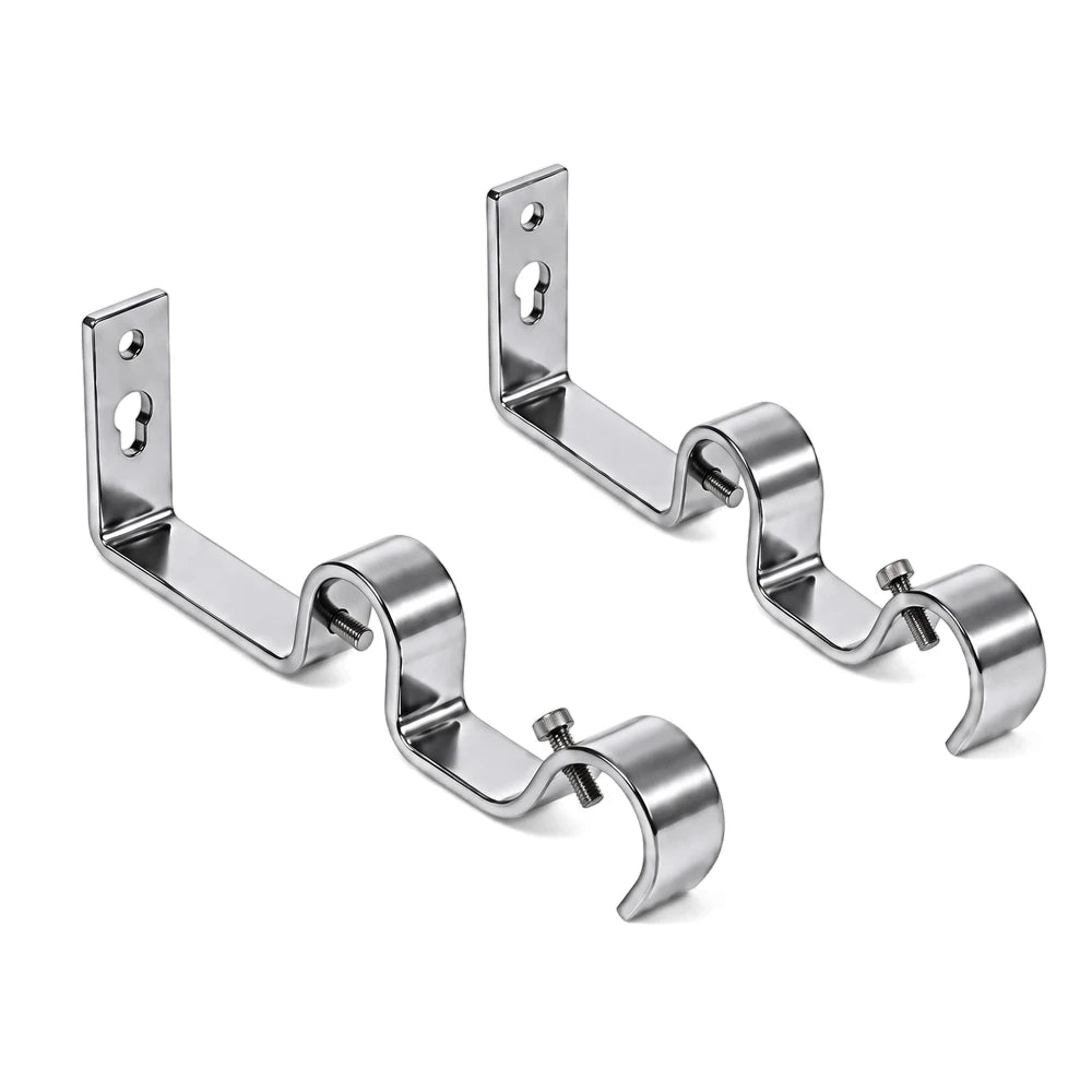 Two polished metal 25mm heavy duty double brackets for curtain rods, showcasing a chrome finish and sturdy design.