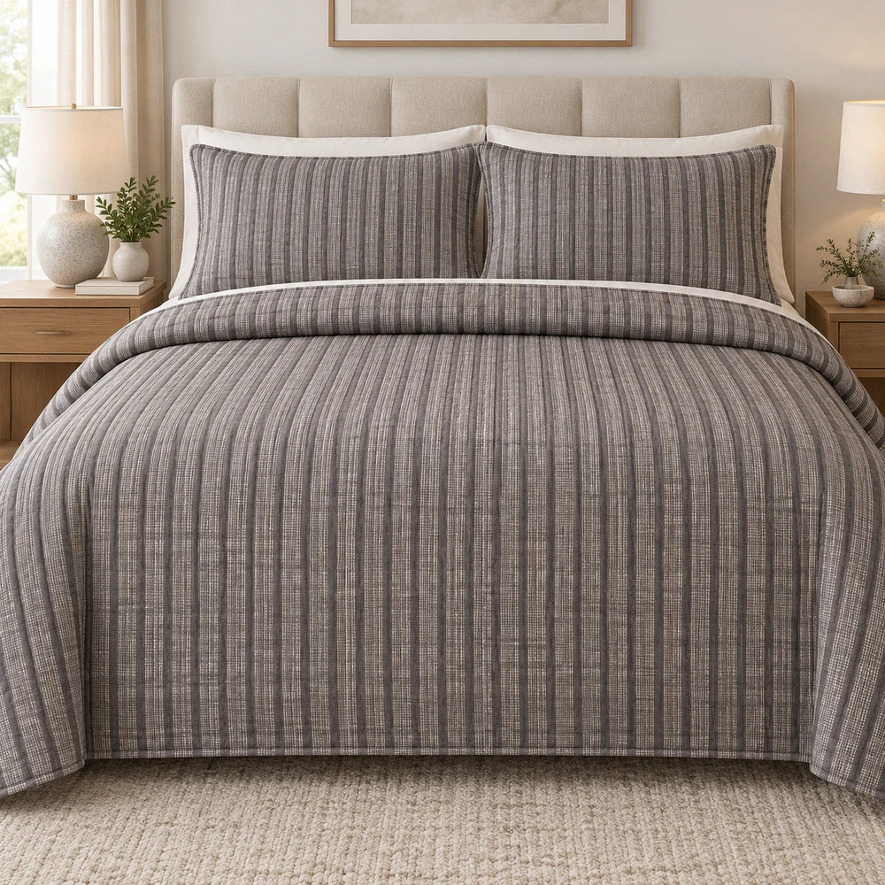 3Pc Pierre Cardin textured pinsonic quilt set in gray with striped pattern and matching pillow shams