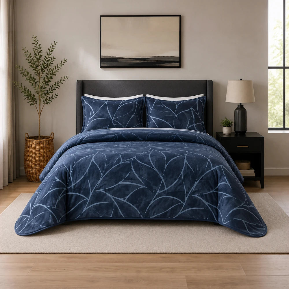 3PC Tela Milano Indep Comforter set in blue with a geometric leaf pattern, providing a cozy, modern bedding look for the