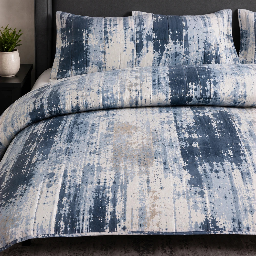 3PC Tela Milano Indep Comforter bedding set in blue and ivory with an abstract distressed print; includes comforter and