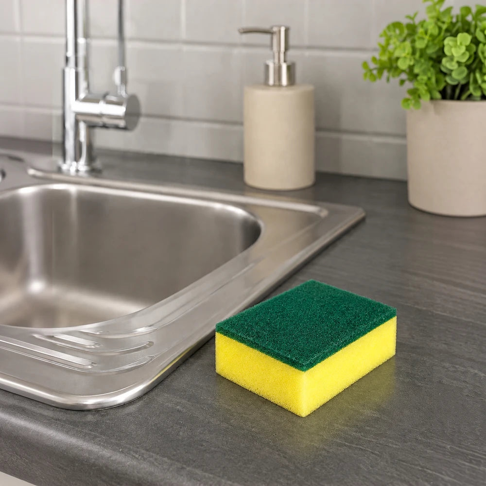 4-pack cleaning sponges with green scrubbing layer and yellow sponge body beside kitchen sink.