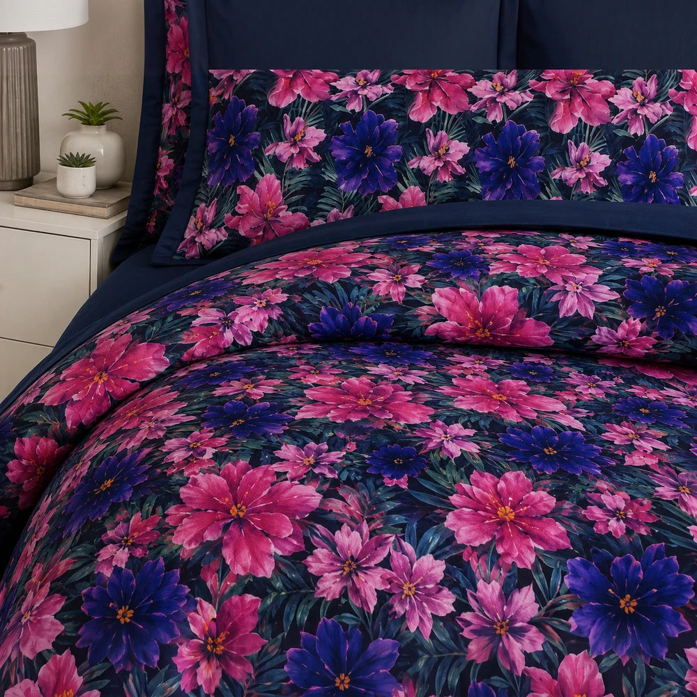 5PC Tela Milano Printed Quilt Set featuring pink and blue floral pattern for bold, vibrant bedroom bedding.