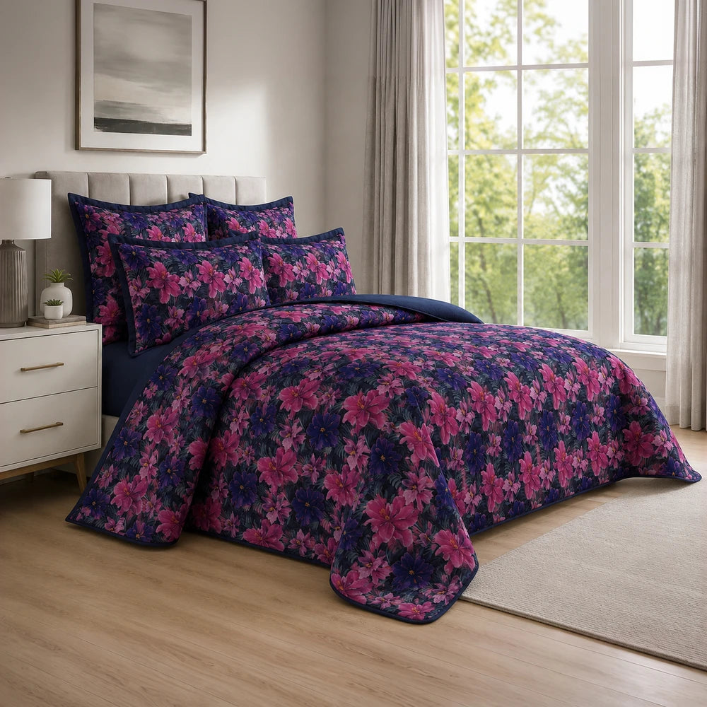 5-piece Tela Milano printed quilt set in navy with pink and purple floral pattern, includes coordinating shams for a